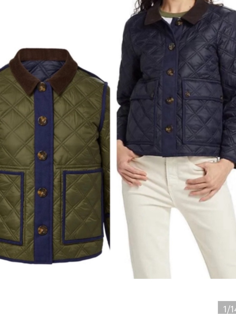 NW0T $748 Veronica Beard Fenton Reversible navy loden Quilted Jacket sz medium